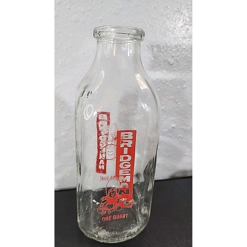 Vintage 2 Sided Bridgeman Russell Dairy Glass Milk‎ Quart Bottle Red Girl Label